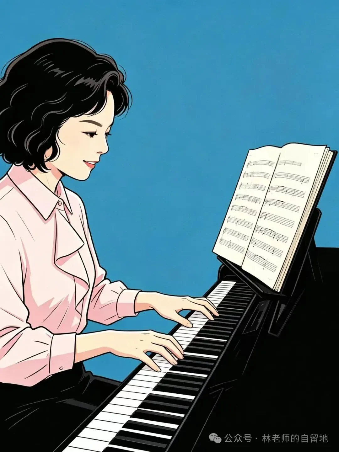 林老师学琴随笔中的钢琴插画，人物坐在琴前读谱弹奏